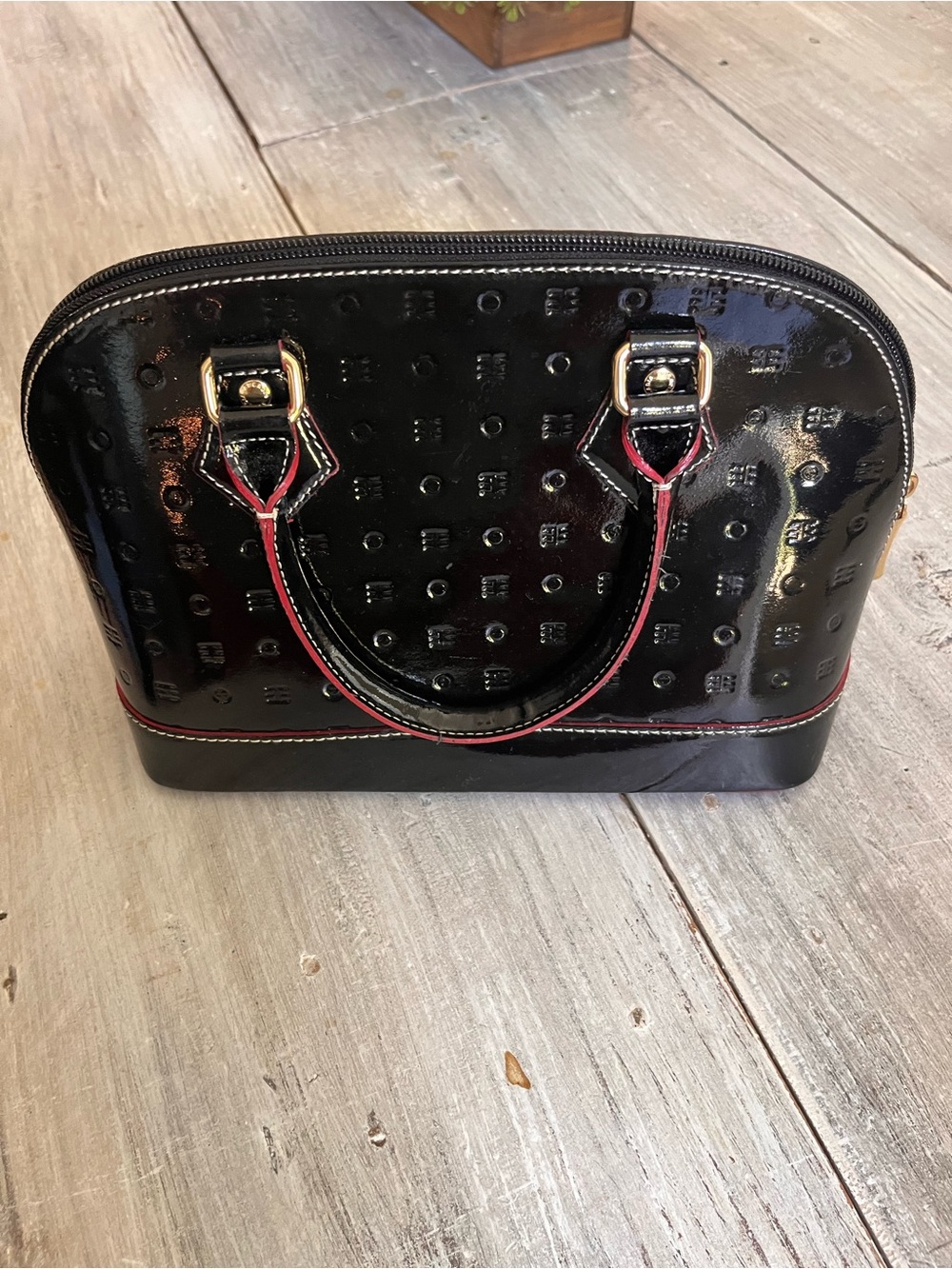 Arcadia Black Patent Satchel with Red Trim